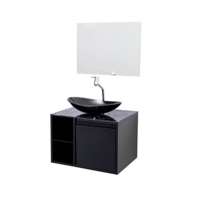 Gabinete Banheiro Cairo MDF Preto 60cm Vidro Carrara Preto Vildrex