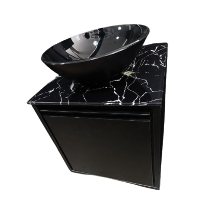 Gabinete Banheiro Veneza MDF Preto 40cm Vidro Carrara Preto Vildrex