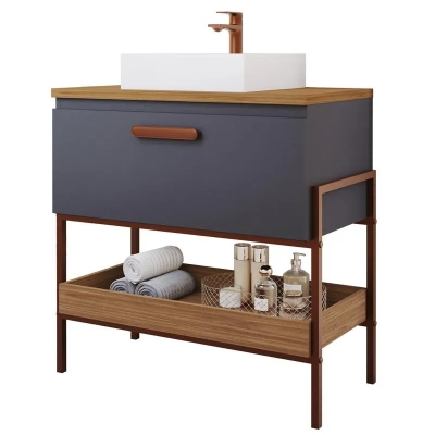 Gabinete de Banheiro Portinari C/ Cuba Titanium/freijo Mdf 60cm Mgm